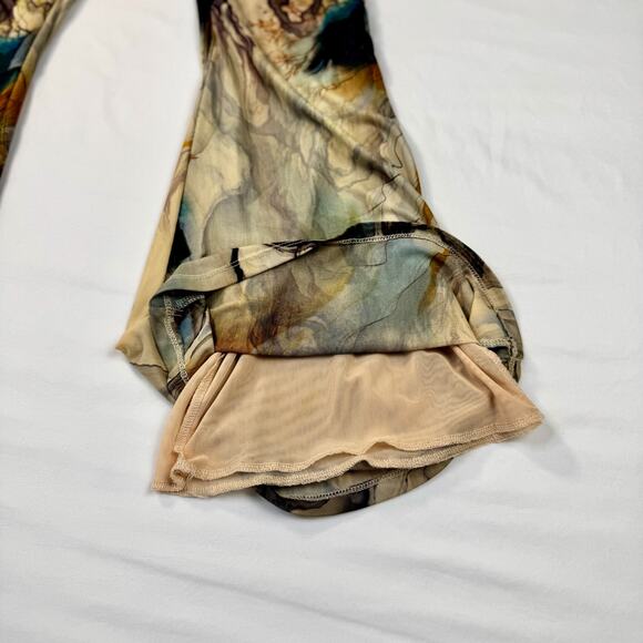 Blanc Abstract Mesh Flare Pants Large Earth Tone Sheer Print Y2K Art Girl Indie - Picture 14 of 14
